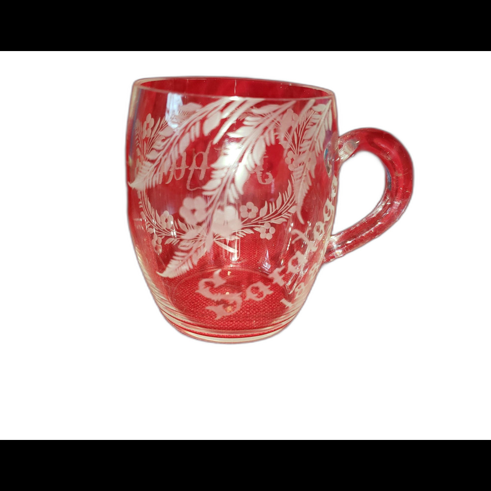 Antique 1887 Souvenir Etched Glass Mug, Saratoga New York Victorian Cup